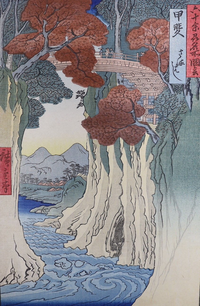 Hiroshige, woodblock print, ‘The Monkey Bridge (Kai, Saruhashi)’ , 38 x 25cm and ‘Fifty-three Stations of the Tokaido (Hoeido)’, - 25.5 x 38cm., both unframed